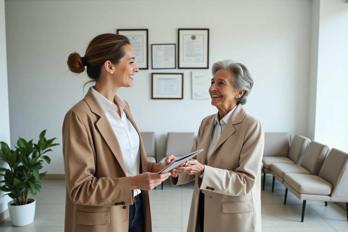 Accueil d'une étude notariale avec une réceptionniste remettant une brochure d'information à une cliente âgée sur les consultations gratuites