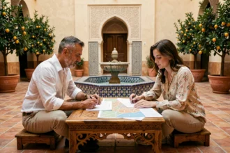 Négociation directe entre particuliers pour l'achat d'un riad à Marrakech dans une cour intérieure traditionnelle
