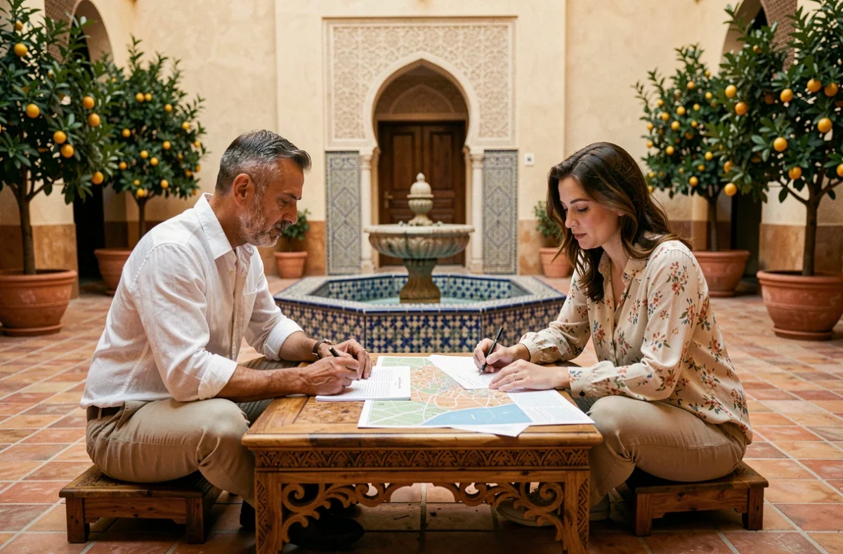 Négociation directe entre particuliers pour l'achat d'un riad à Marrakech dans une cour intérieure traditionnelle