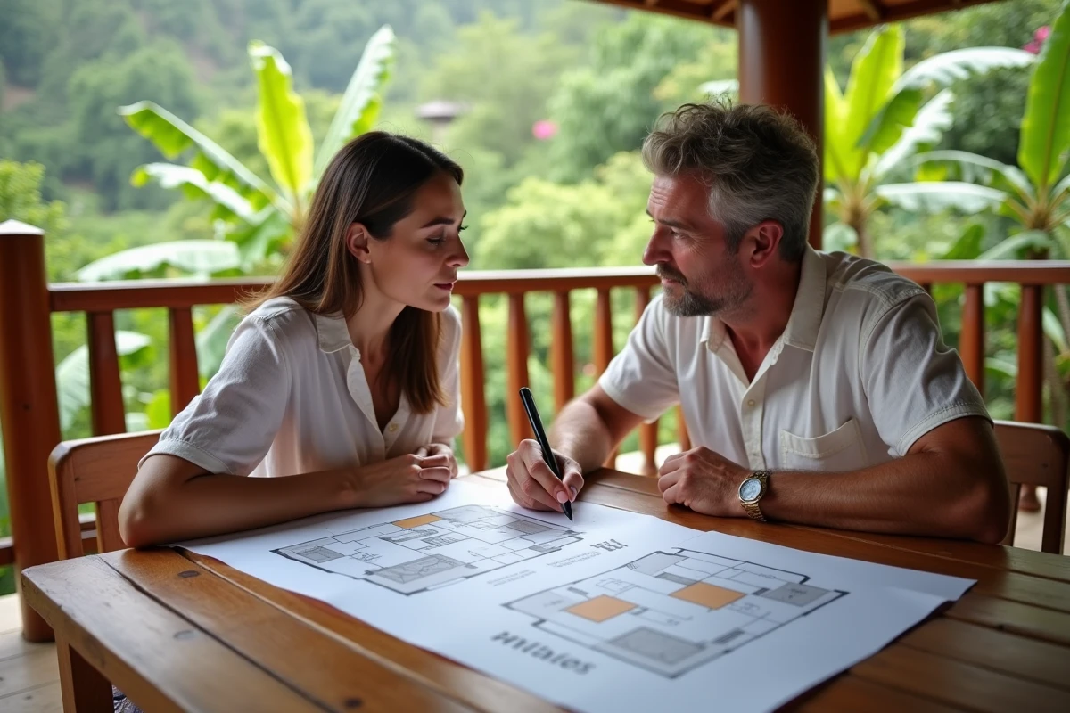 Couple examinant des documents immobiliers sur une terrasse de villa à Koh Samui avant d'acheter une maison
