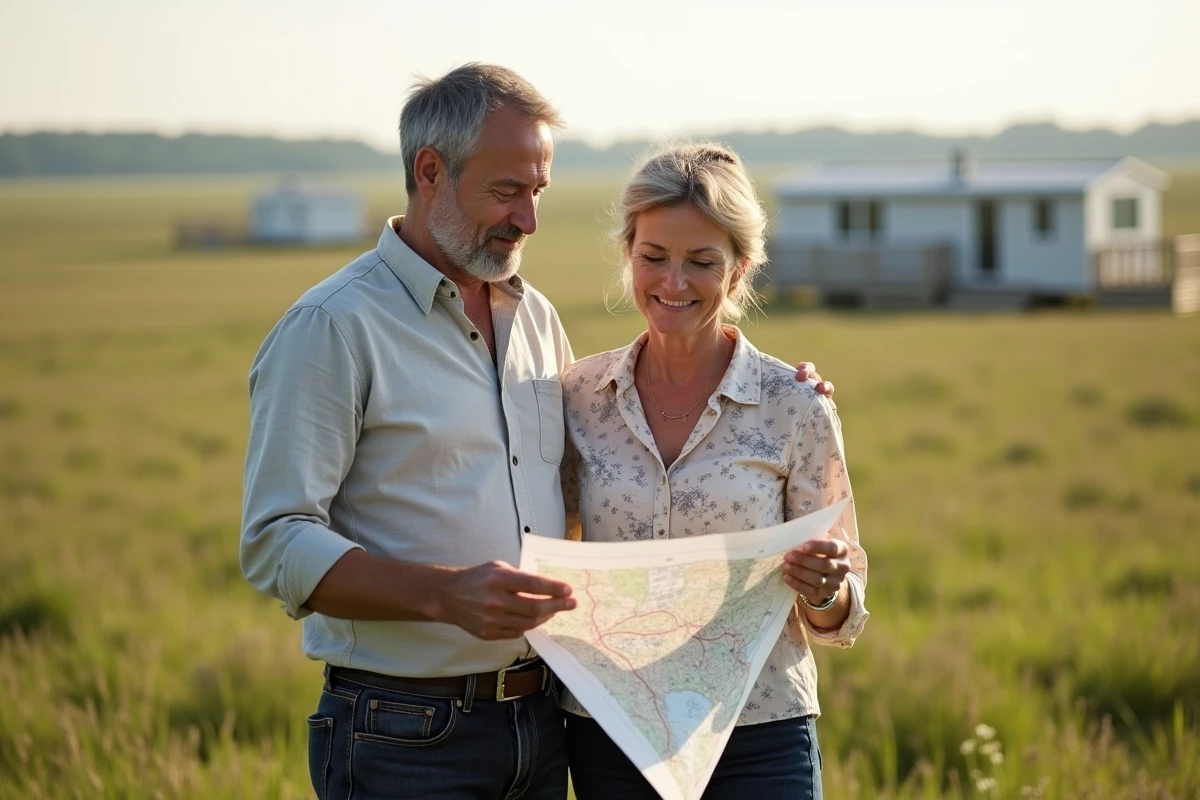 Couple visitant une parcelle de terrain à vendre en Vendée avec un mobil-home en arrière-plan