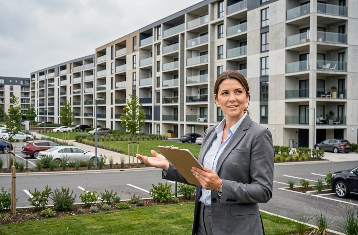 Gestionnaire d'Actia Concept inspectant une grande copropriété en Gironde avec un immeuble résidentiel en arrière-plan