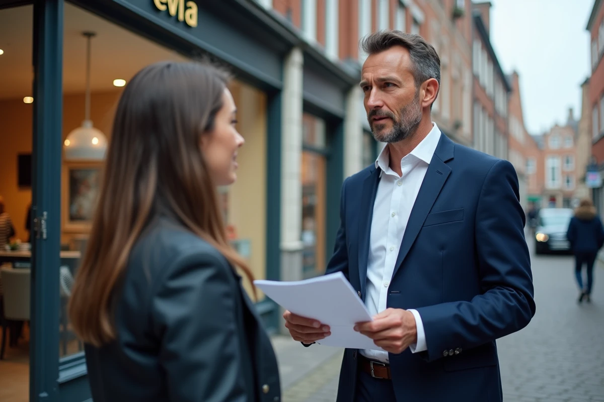 Agent immobilier classique conseillant un couple devant une agence de location à Lille dans le Nord