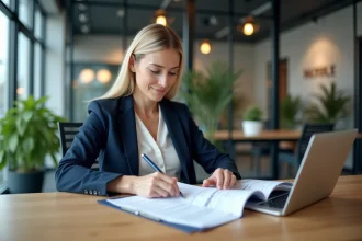Agent immobilier IAD qui révise sa check-list avant un rendez-vous vendeur dans un bureau moderne