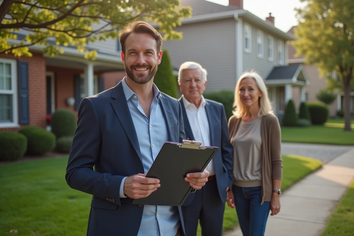 Agent immobilier remet un dossier à un couple devant une maison