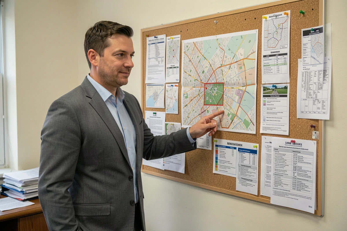Agent immobilier expliquant la carte des zones tendues dans une agence immobilière