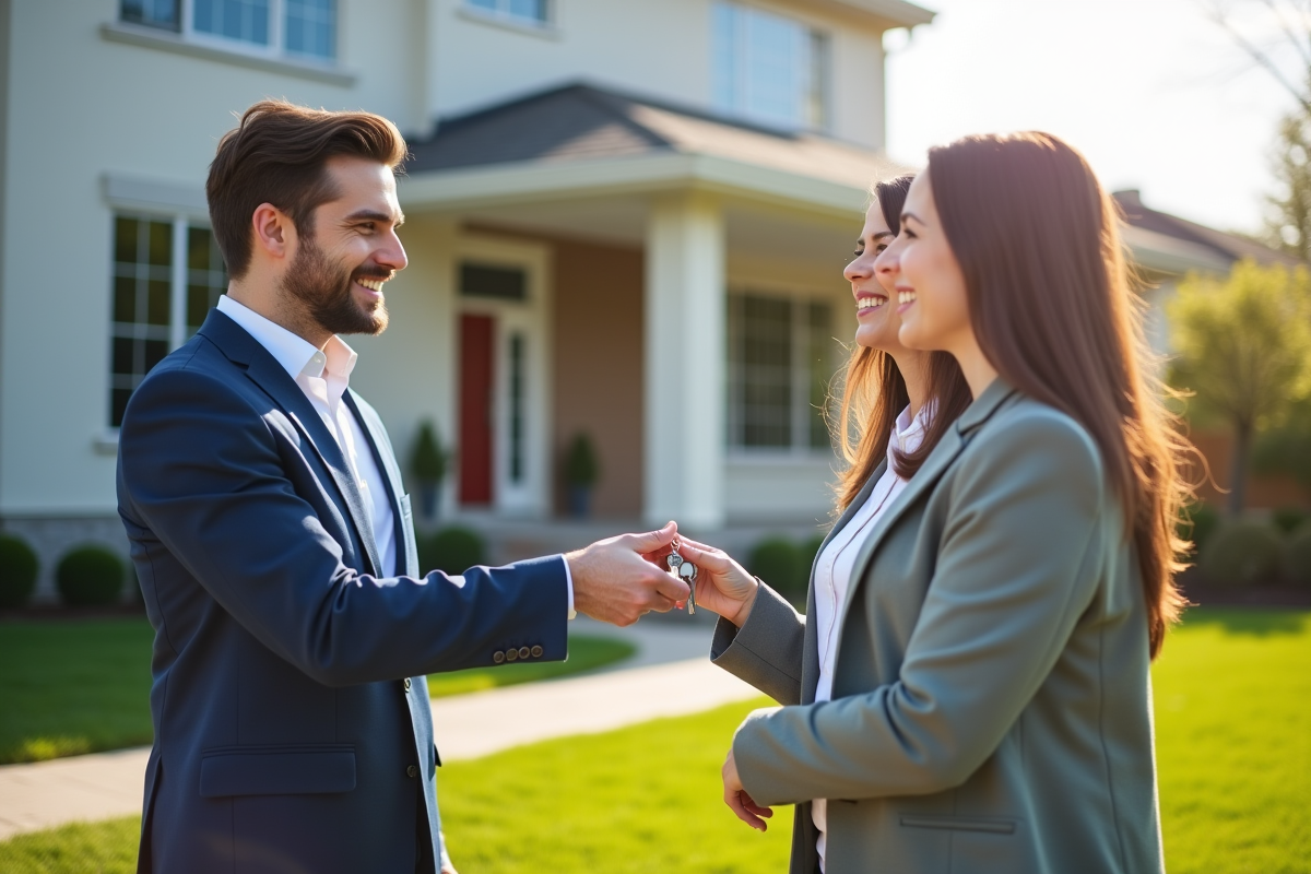 Agent immobilier remettant les clés à un couple heureux devant une maison moderne