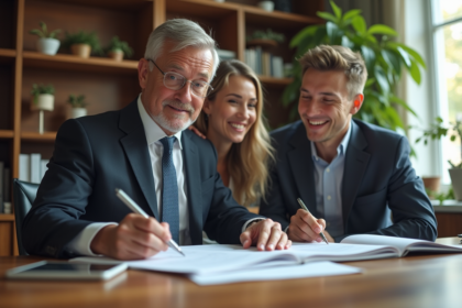 Agent immobilier avec couple dans un bureau professionnel