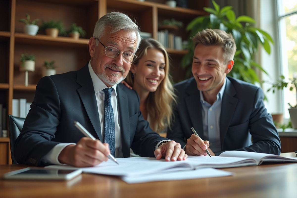 Agent immobilier avec couple dans un bureau professionnel