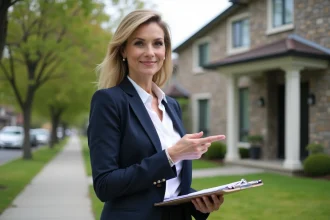 Agent immobilière professionnelle tenant un dossier d'estimation devant une maison moderne à vendre