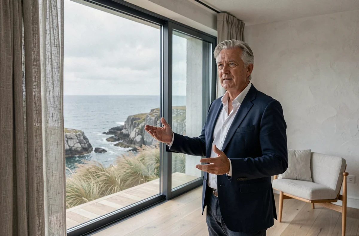 Agent immobilier présentant une maison contemporaine avec vue sur la mer en Bretagne