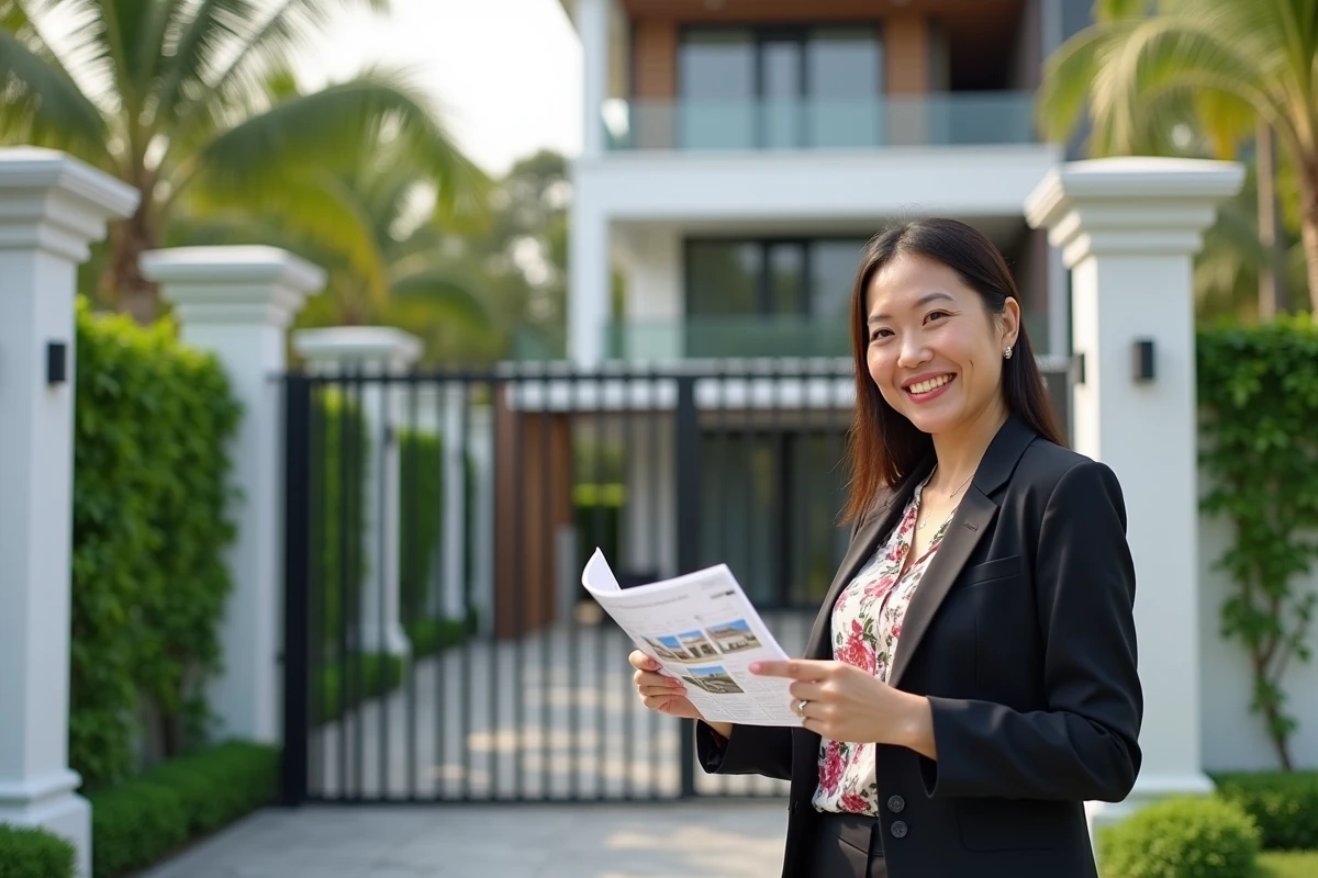 Agent immobilier thaïlandais présentant une maison à vendre à Koh Samui avec documentation officielle