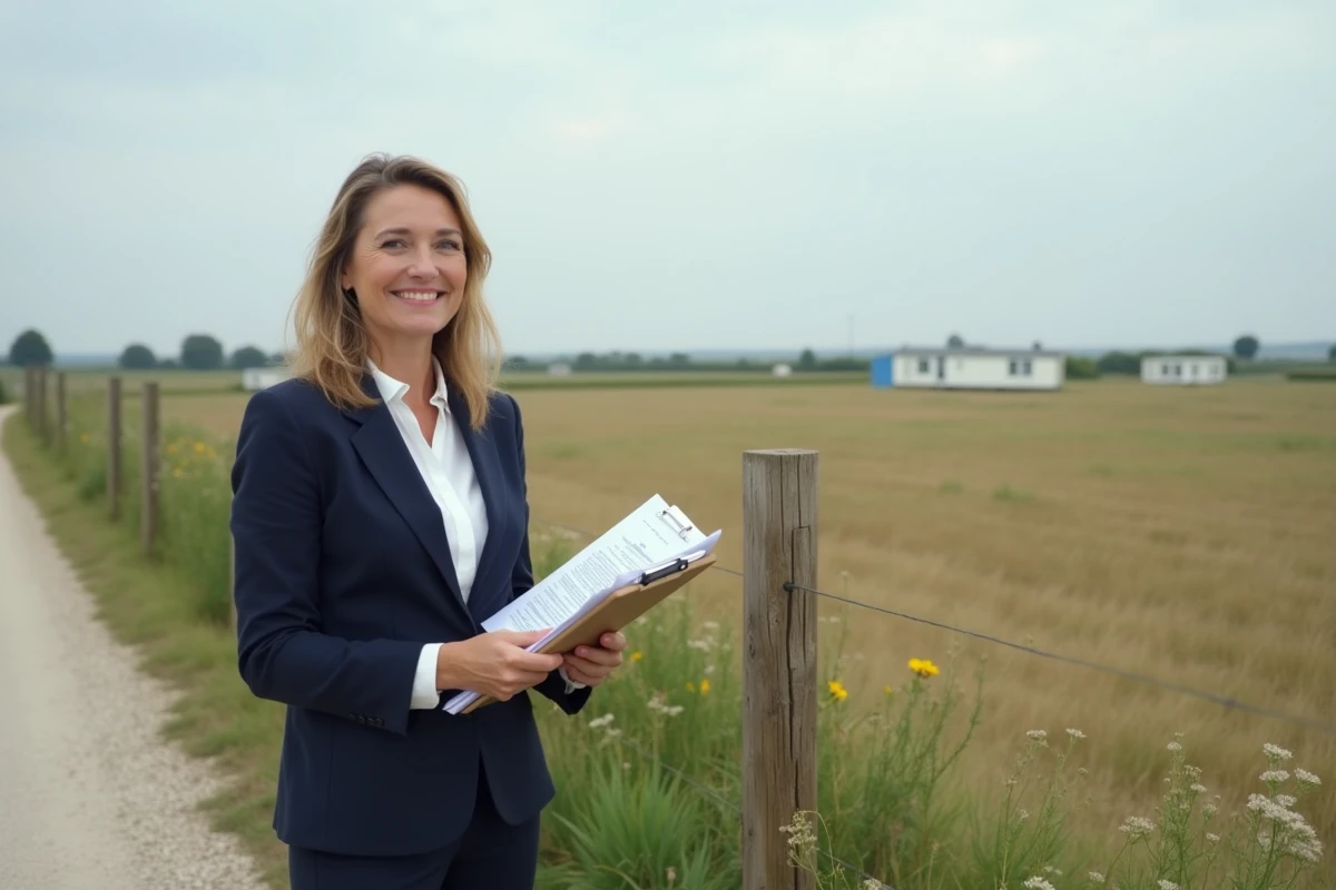 Agente immobilière présentant une parcelle de terrain avec mobil-home à vendre en Vendée