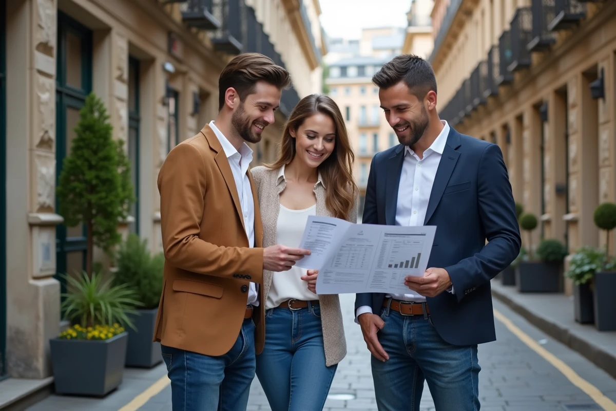 Agent immobilier souriante montrant un document à un couple devant une maison