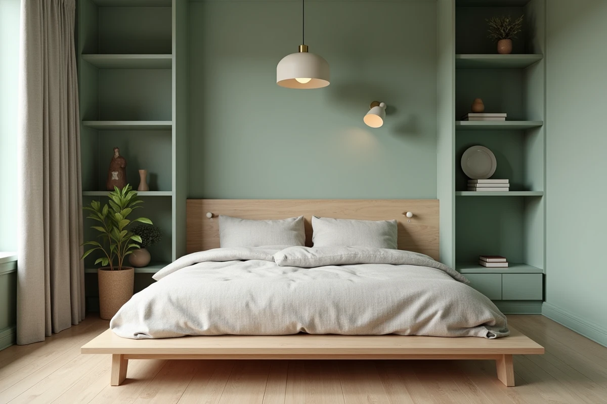 Alcôve chambre dans un T1 bis rénovée avec lit plateforme, étagères intégrées vert sauge et décoration minimaliste chaleureuse