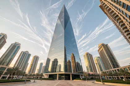 Vue en contre-plongée de l'Almas Tower à Dubaï dans le quartier de Jumeirah Lakes Towers, gratte-ciel emblématique aux reflets de verre et d'acier sous un ciel bleu