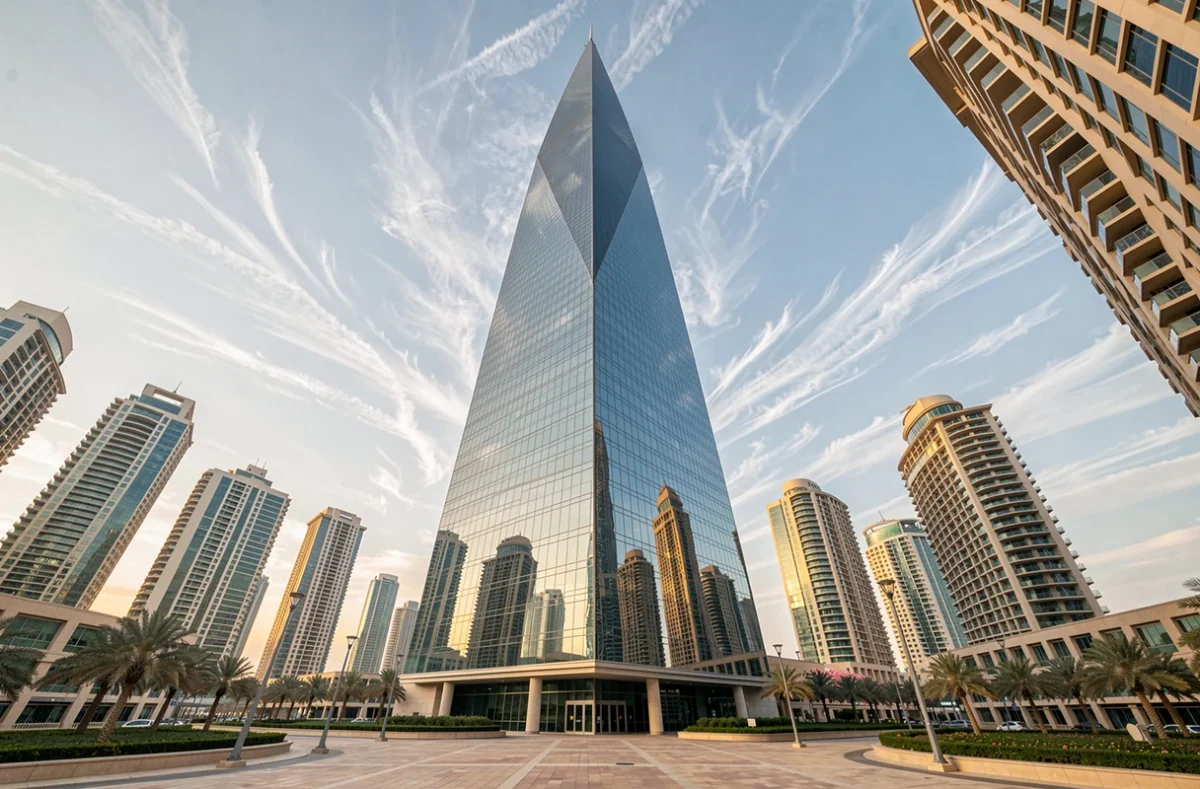 Vue en contre-plongée de l'Almas Tower à Dubaï dans le quartier de Jumeirah Lakes Towers, gratte-ciel emblématique aux reflets de verre et d'acier sous un ciel bleu
