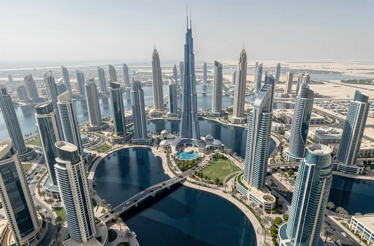 Vue aérienne du quartier Jumeirah Lakes Towers à Dubaï avec l'Almas Tower dominant les gratte-ciels environnants et les lacs artificiels en 2026