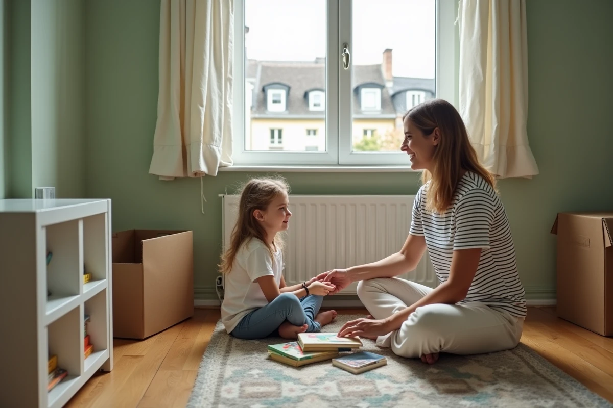 Mère et enfant aménageant une grande chambre dans un nouvel appartement familial à Levallois-Perret