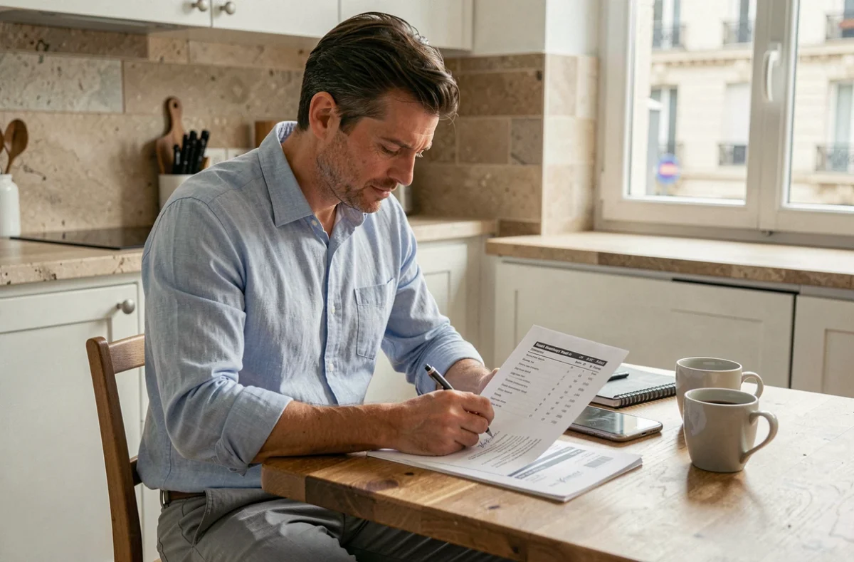 Particulier analysant les frais d'agence iad sur un document imprimé avec des notes manuscrites dans une cuisine moderne