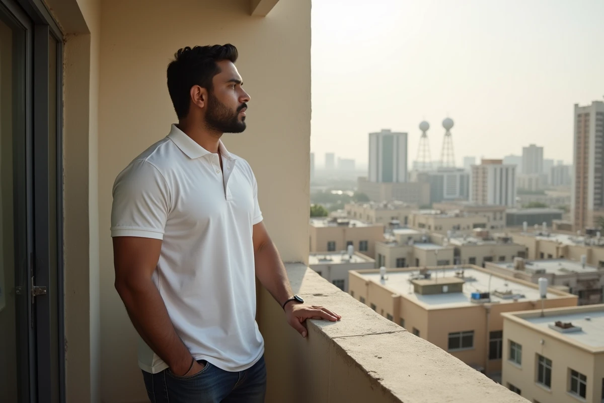 Jeune homme sur le balcon d'un appartement modeste dans un quartier de Dubaï offrant un logement à prix abordable
