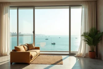 Salon d'appartement moderne à Dakar avec vue panoramique sur l'océan Atlantique depuis une baie vitrée