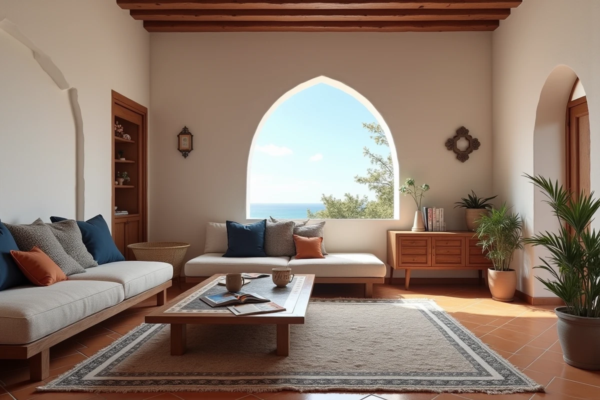 Intérieur d'un appartement meublé à Essaouira avec décoration marocaine traditionnelle disponible en location longue durée
