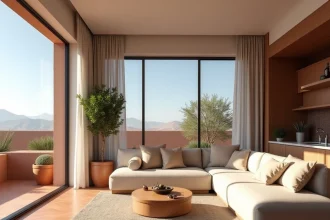 Salon d'un appartement neuf à Marrakech avec carrelage zellige et vue sur l'Atlas