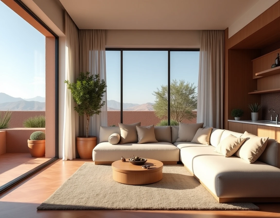 Salon d'un appartement neuf à Marrakech avec carrelage zellige et vue sur l'Atlas