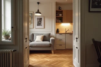 Appartement T1 bis parisien avec alcôve chambre séparée par une demi-cloison, parquet en bois et kitchenette carrelée