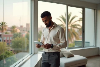 Propriétaire d'appartement à vendre à Guéliz, Marrakech, consultant des documents immobiliers devant une fenêtre panoramique avec vue sur la ville