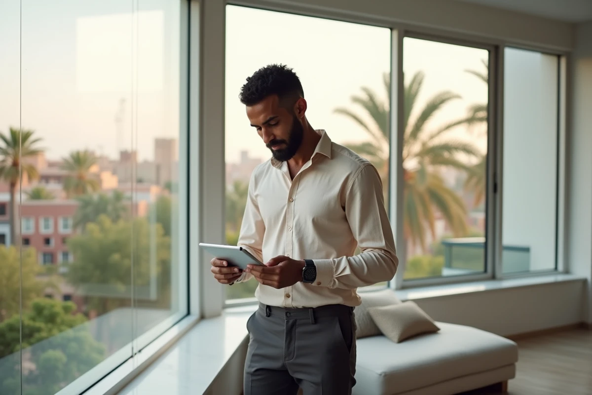 Propriétaire d'appartement à vendre à Guéliz, Marrakech, consultant des documents immobiliers devant une fenêtre panoramique avec vue sur la ville