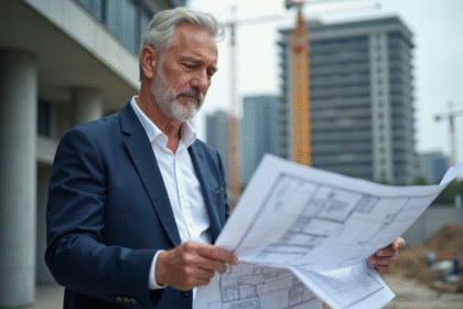 Architecte homme en blazer bleu examine plans sur site