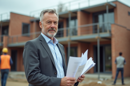 Architecte homme avec plans devant une maison en construction