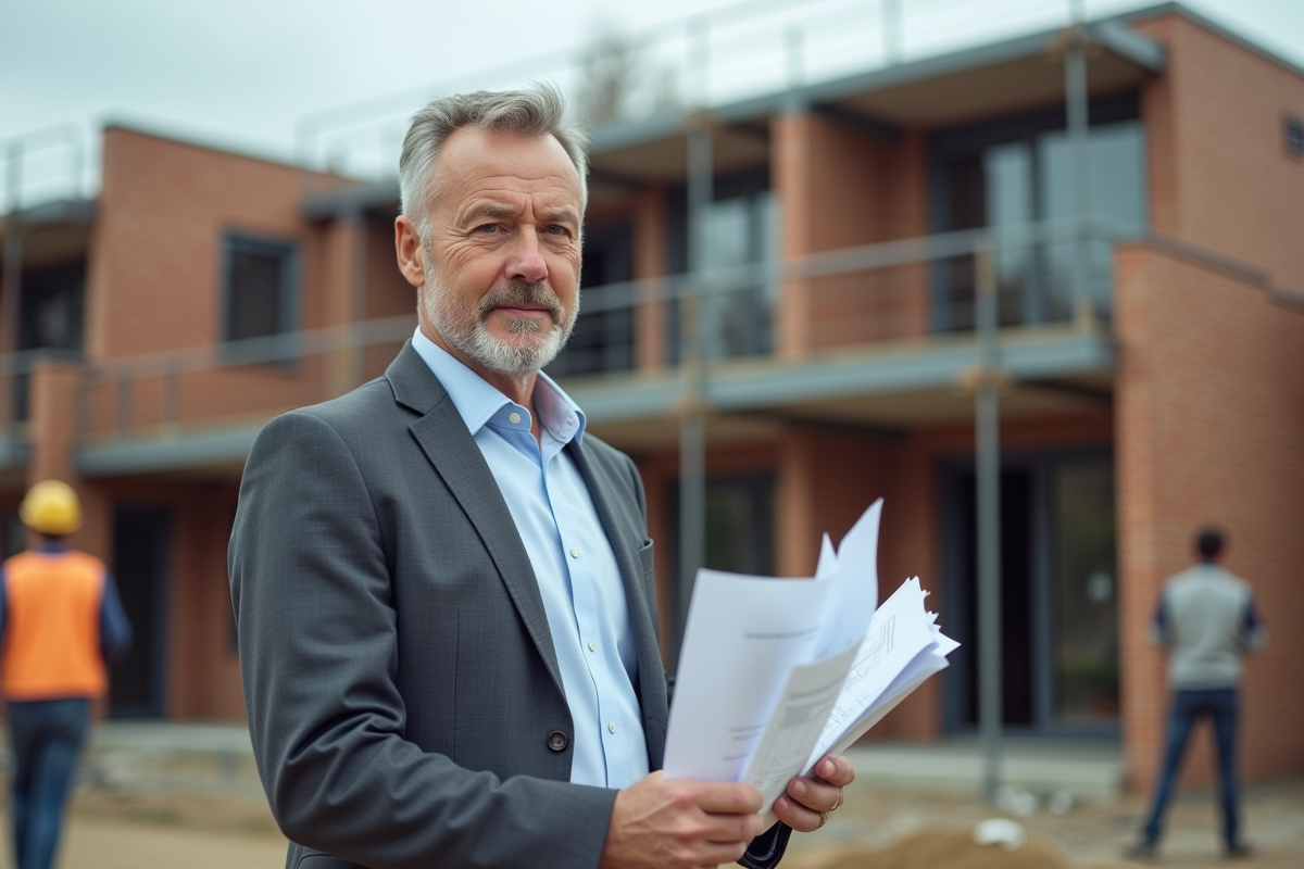 Architecte homme avec plans devant une maison en construction