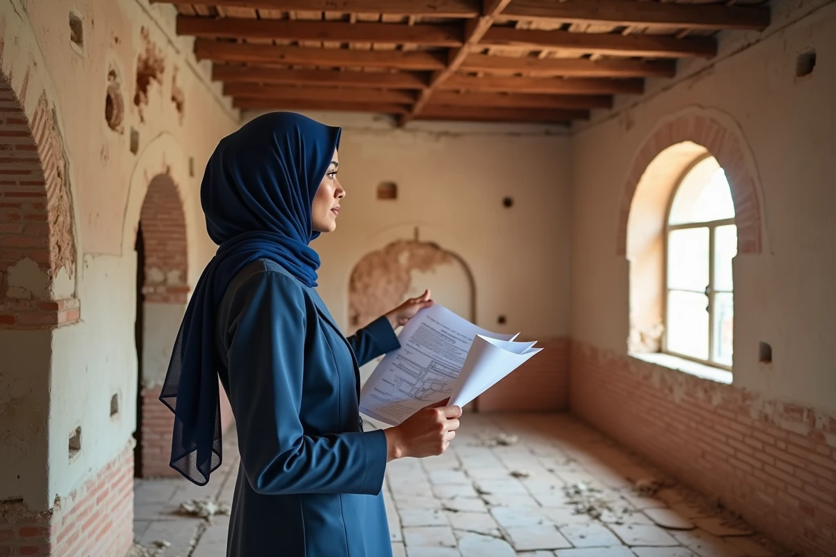 Architecte marocaine examinant les plans de rénovation d'un riad avec murs en stuc dégradé et poutres en cèdre endommagées
