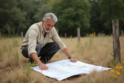 Architecte examinant des plans de construction en zone naturelle protégée, entouré d'arbres et de végétation sauvage