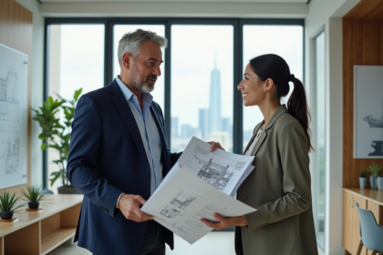 Architecte et ingénieure discutent dans un bureau moderne