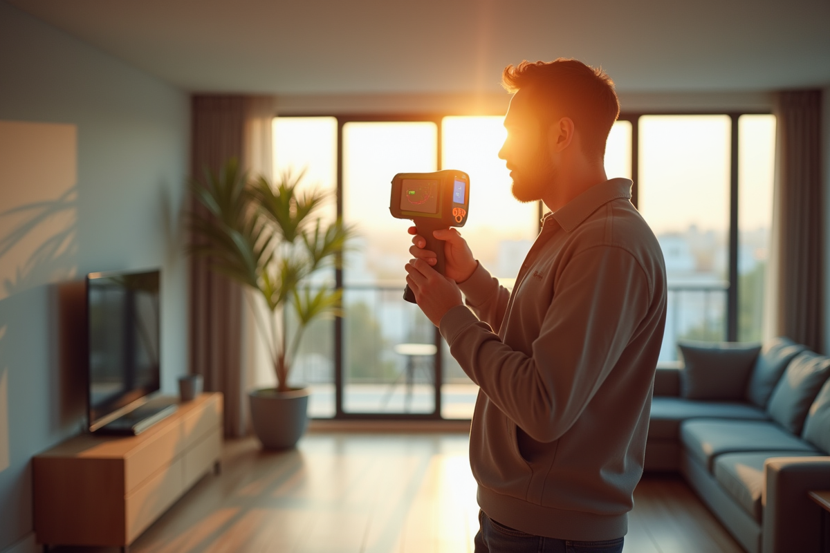 Inspecteur energie dans un appartement lumineux avec camera thermique