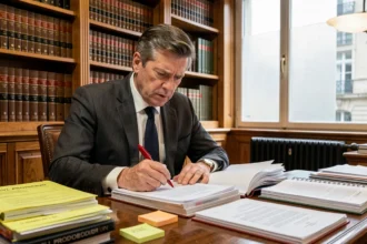 Avocat en cabinet étudiant des documents juridiques pour un référé préventif, entouré de dossiers et codes de procédure civile