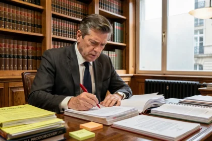 Avocat en cabinet étudiant des documents juridiques pour un référé préventif, entouré de dossiers et codes de procédure civile