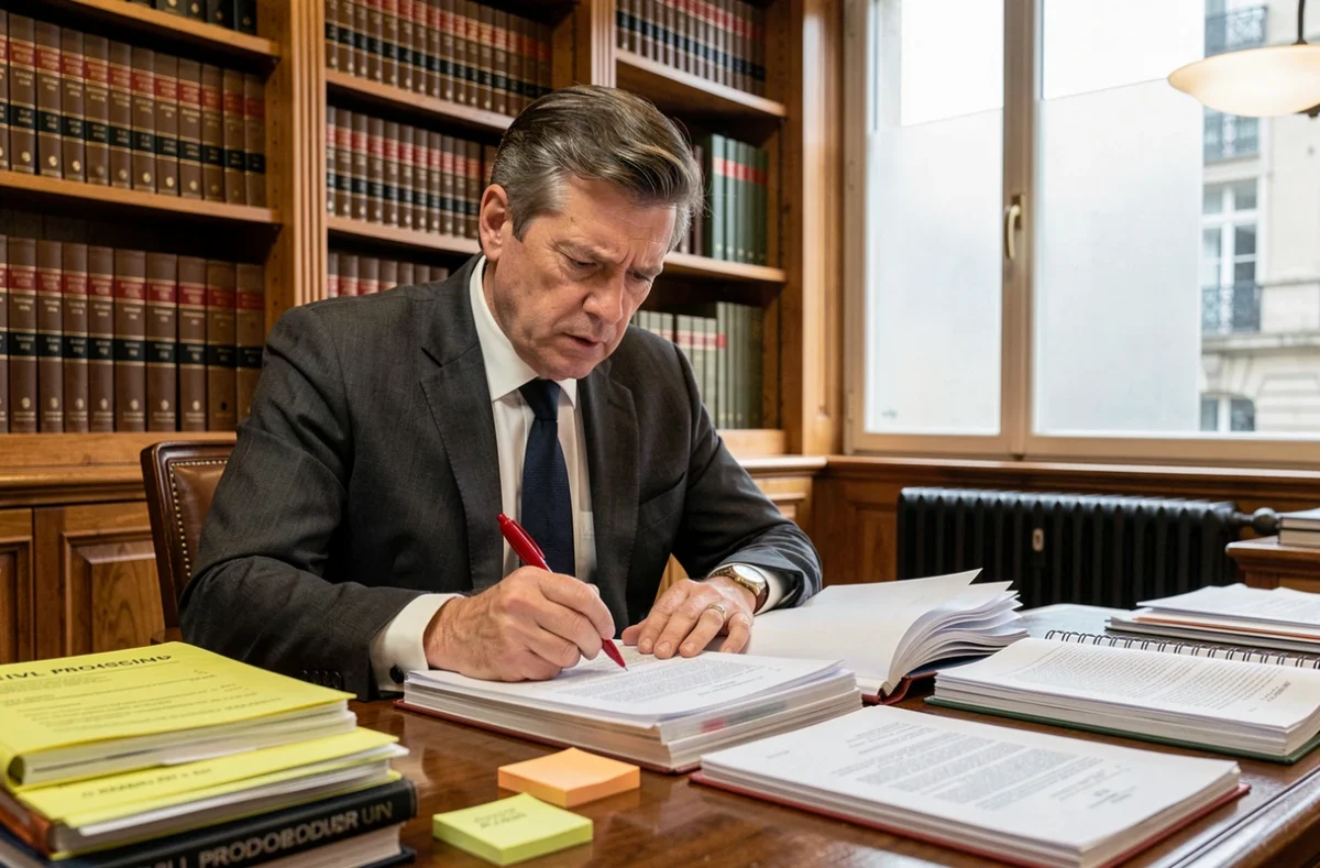 Avocat en cabinet étudiant des documents juridiques pour un référé préventif, entouré de dossiers et codes de procédure civile
