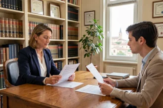 Avocate spécialisée en droit immobilier à Avignon expliquant un bail d'habitation à un couple de locataires dans un cabinet juridique professionnel