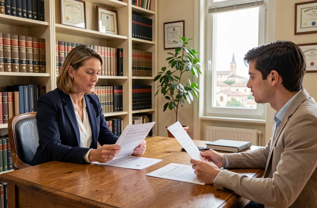 Avocate spécialisée en droit immobilier à Avignon expliquant un bail d'habitation à un couple de locataires dans un cabinet juridique professionnel