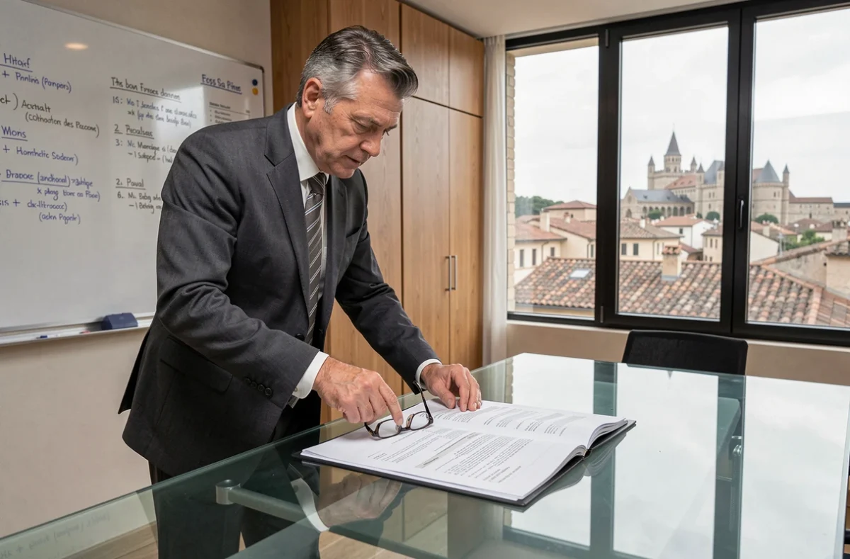 Avocat immobilier senior analysant les clauses d'un contrat de bail résidentiel dans un bureau moderne avec vue sur Avignon