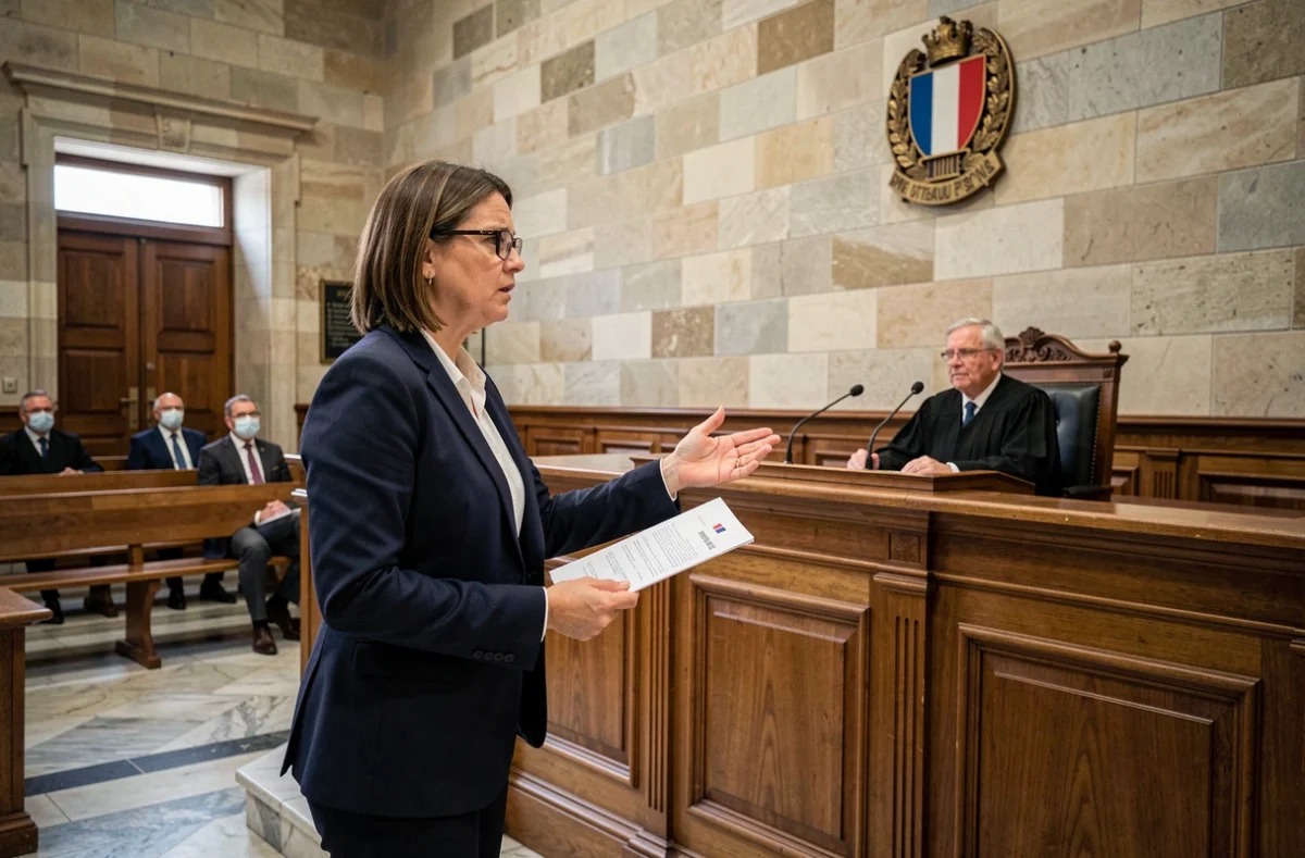 Avocate plaidant un référé préventif devant un juge dans une salle d'audience civile française