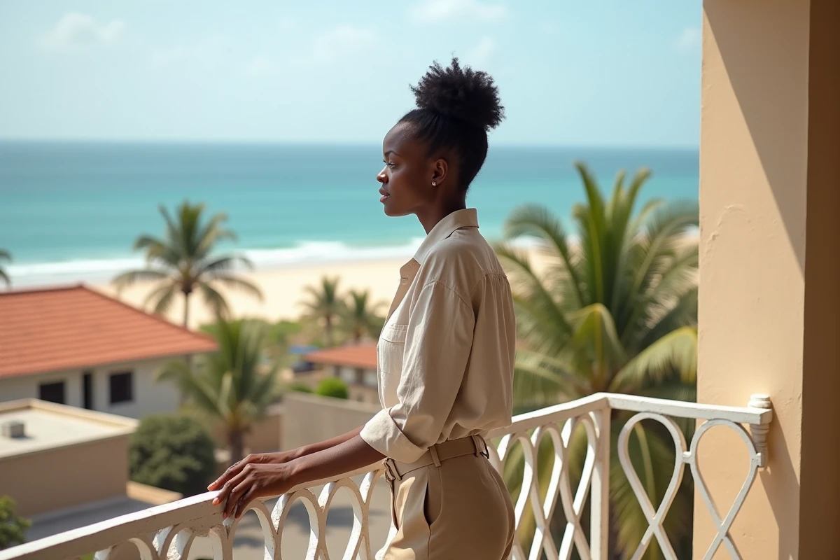Femme sur le balcon d'un appartement en location à Dakar dans le quartier des Almadies avec vue sur la mer