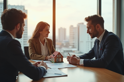 Banquier français et couple discutant prêt immobilier dans bureau lumineux