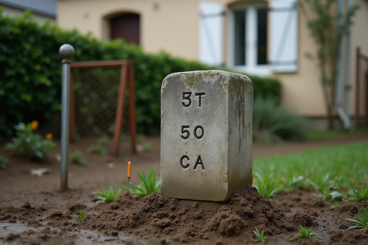 Gros plan sur une borne cadastrale en béton plantée dans le sol à la limite de deux propriétés