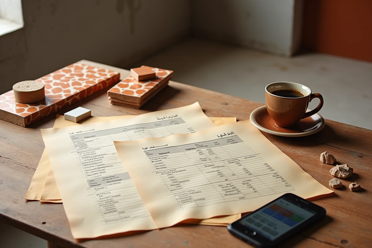 Documents de budget et estimatif de travaux pour la rénovation d'un riad à Marrakech avec échantillons de matériaux marocains traditionnels